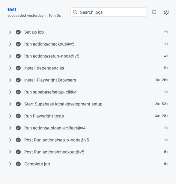 Slow test run screenshot showing each step: Installing dependencies took 5 minutes 30 seconds and running the tests took 4 minutes 30 seconds